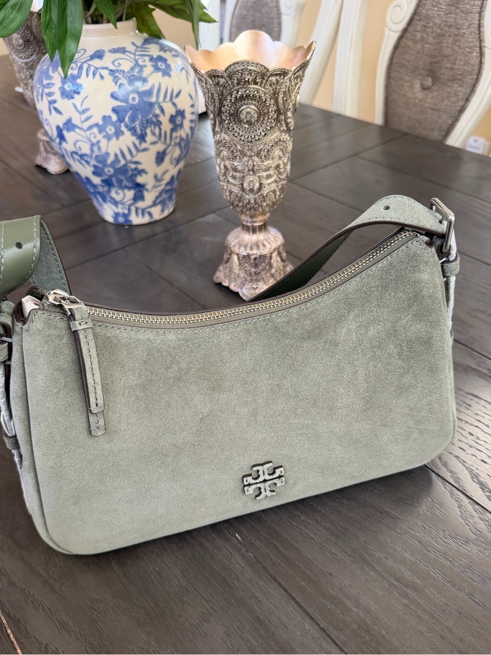 Tory Burch Sage Green Suede Thea Shoulder Bag